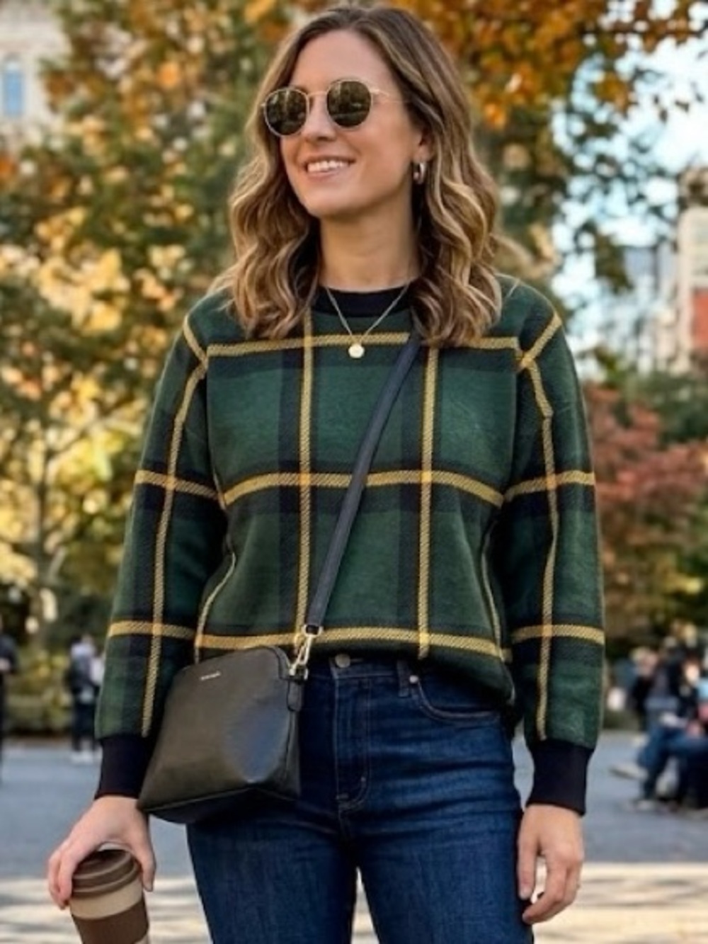 Tahari Plaid Crew Neck Knit Sweater Yellow Windowpane Scottish Classic Luxury